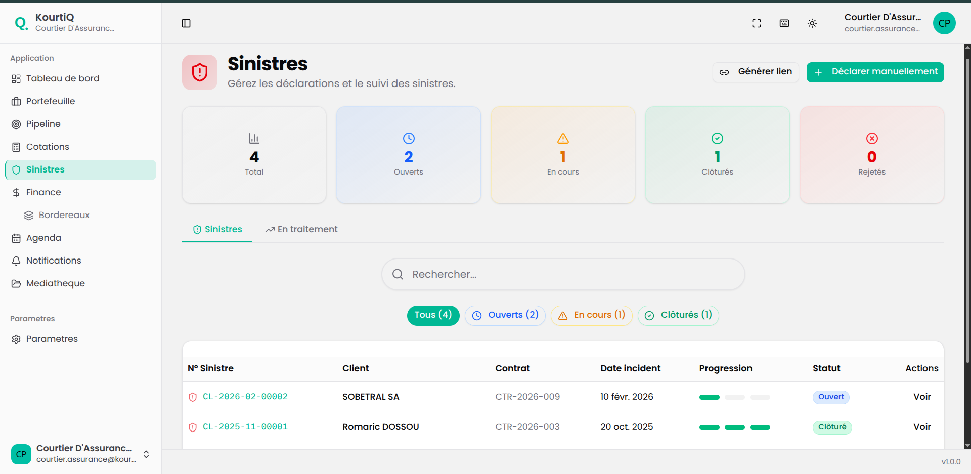 Tableau de bord sinistres avec KPIs