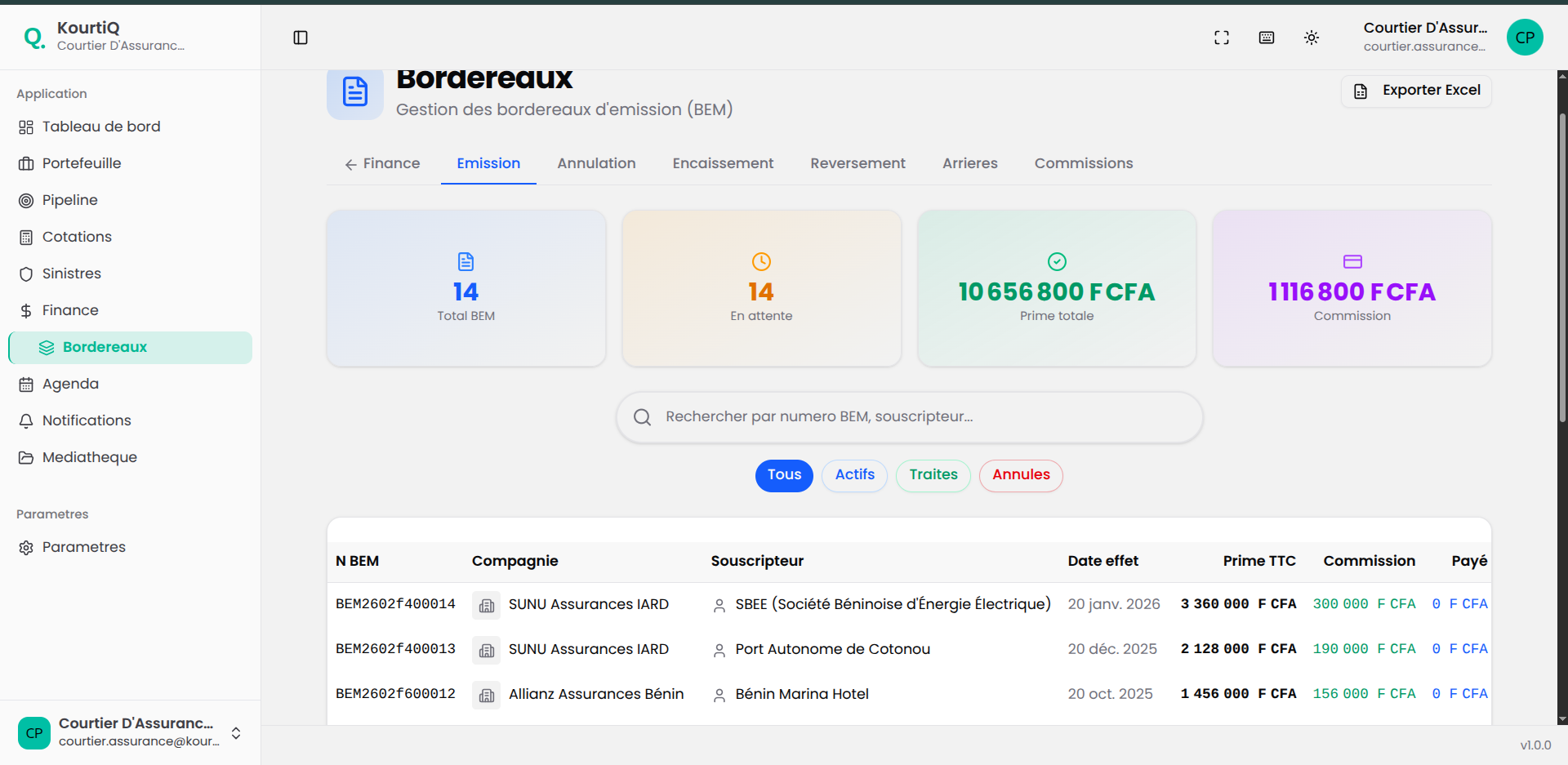 Bordereaux d'émission avec détails financiers