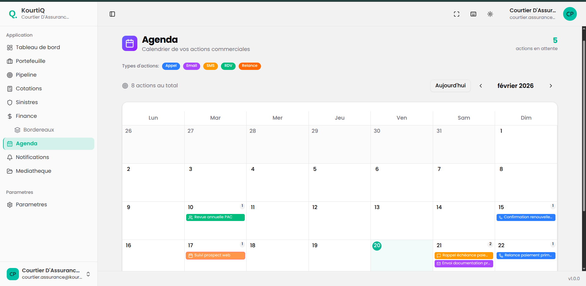 Calendrier agenda avec actions commerciales planifiées